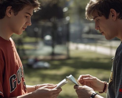 two young men swapping baseball cards - Kyle's Kollectibles selling baseball cards